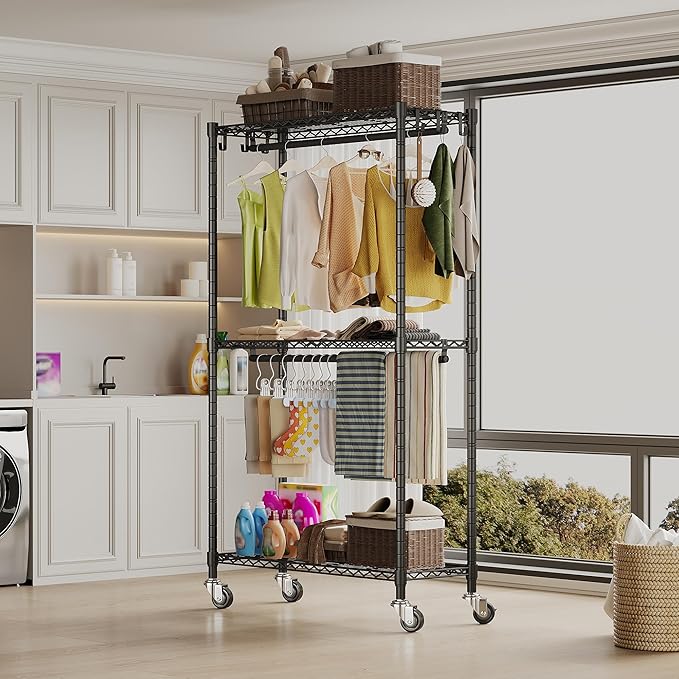Rolling Clothing Rack for Hanging Clothes Heavy Duty Garment Rack with Wheels Metal Adjustable Shelves & Double Hanging Rods H2 Portable Closet for Bedroom, Black Coat Rack