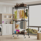 Rolling Clothing Rack for Hanging Clothes Heavy Duty Garment Rack with Wheels Metal Adjustable Shelves & Double Hanging Rods H2 Portable Closet for Bedroom, Black Coat Rack