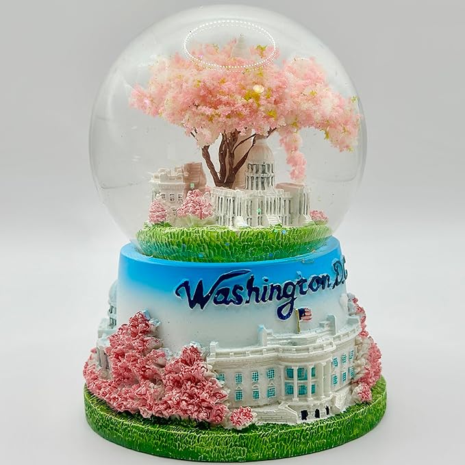 4.75" Washington DC Landmarks Snow Globe, Resin Material, with Cherry Blossom Tree and Glitter, White House, Capitol, Jefferson Memorial, Washington Monument (Large Cherry Blossom Panorama Globe)