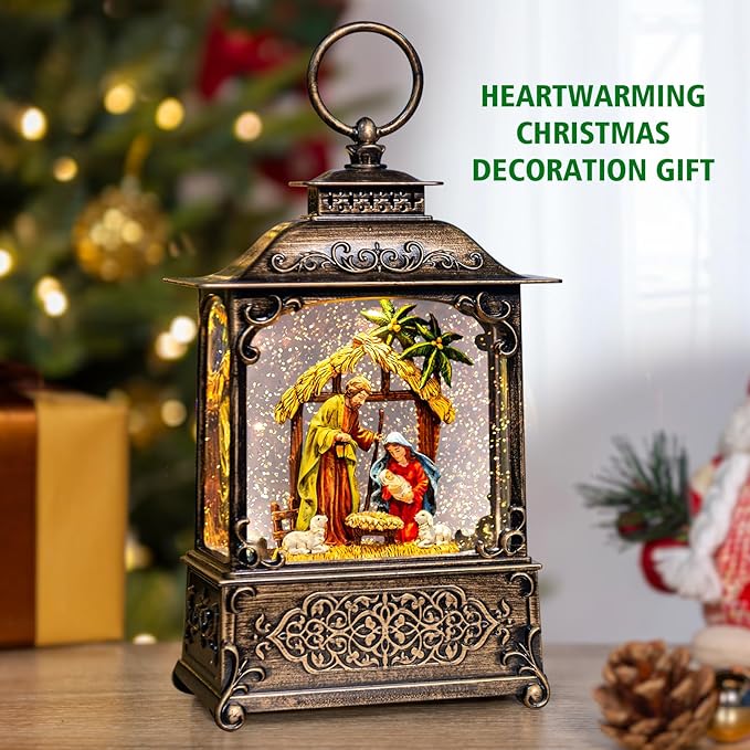 Christmas Snow Globes Lantern with Music, Jesus Christ Nativity Scene Snow Globe with Swirling Glitter Effects, USB/Battery Powered with 6-Hour Timer, Christmas Decorations