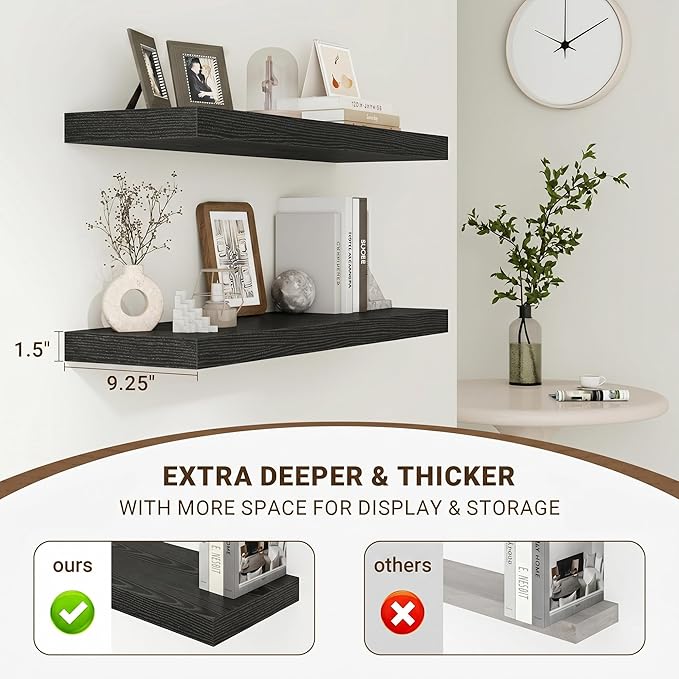 Acovy 16 Inch Floating Shelves, 16"x9.25"x1.5" Inch Deep Floating Shelves for Wall, Wooden Shelves for Bathroom, Bedroom, Living Room, Black