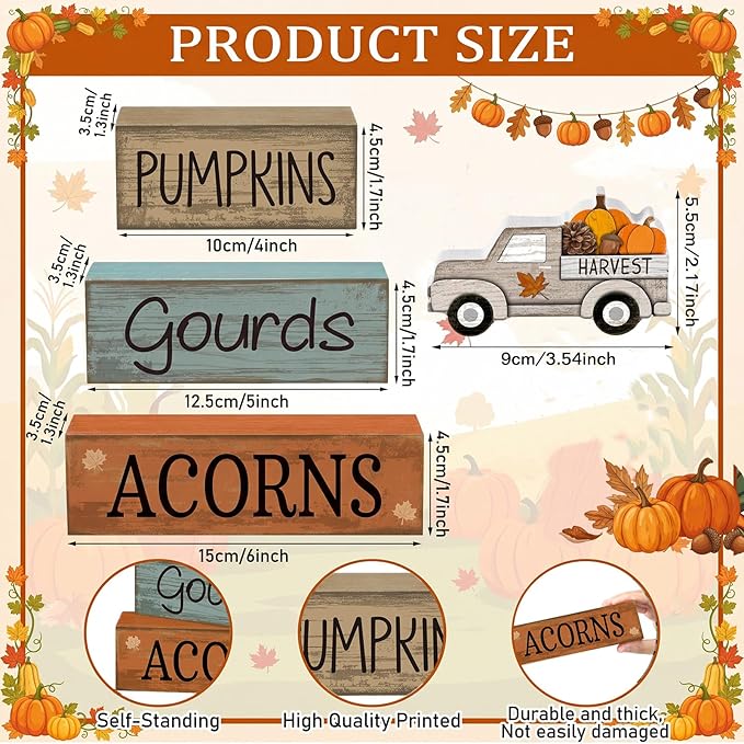 Lineshading 4 Pcs Fall Decoration for Home Fall Truck Decor Thanksgiving Tiered Tray Decor Thanksgiving Centerpiece Decorative Pumpkin Truck Block Signs Gift Farmhouse Autumn Table Decoration for Home