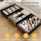 KITHELP Wooden Under Bed Storage with Wheels, Rolling Under the Bed Storage Bins with Removable Lid, Metal Under Bed Drawers for Clothes and Shoes in Bedroom or Living Room(Vintage Brown-1pack)