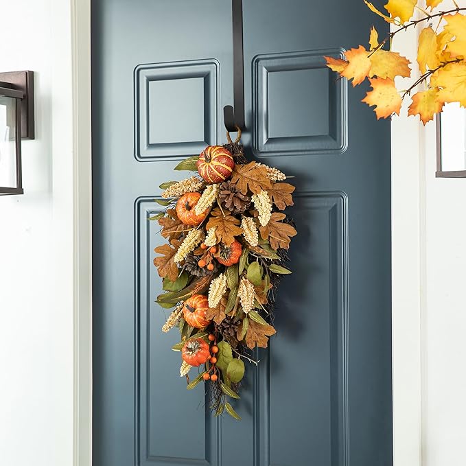 Glitzhome 2 Pcs Fall Teardrop Swags for Front Door, Artificial Wall Decorative Swags with Leaf & Pumpkins & Pine Cones & Berries for Home Porch Wall Window Halloween Thanksgiving Indoor Outdoor Decor