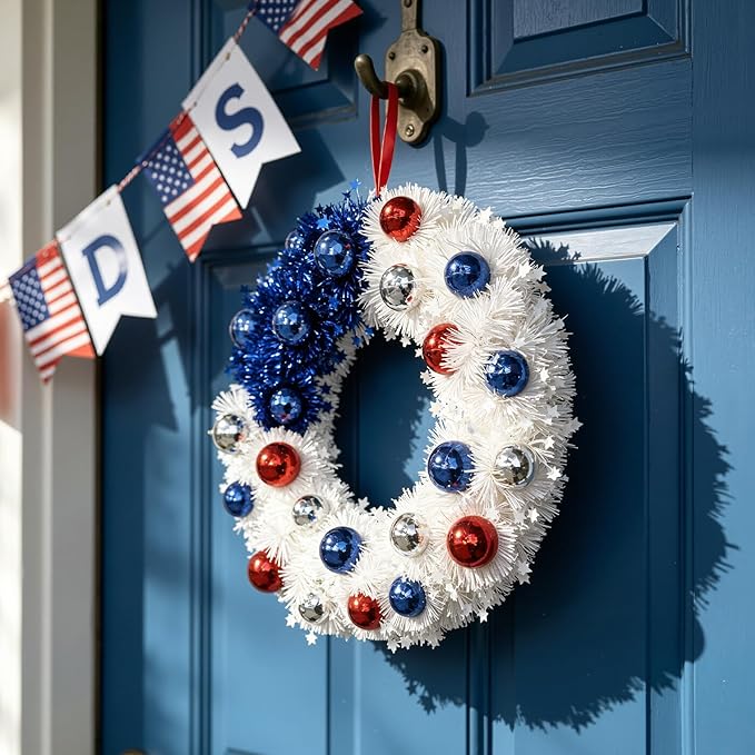 Patriotic Wreath 18 Inch American Flag Wreath for Front Door, Americana Plated Ball Red White and Blue with Stars Decor for 4th of July Memorial Day Veterans Day
