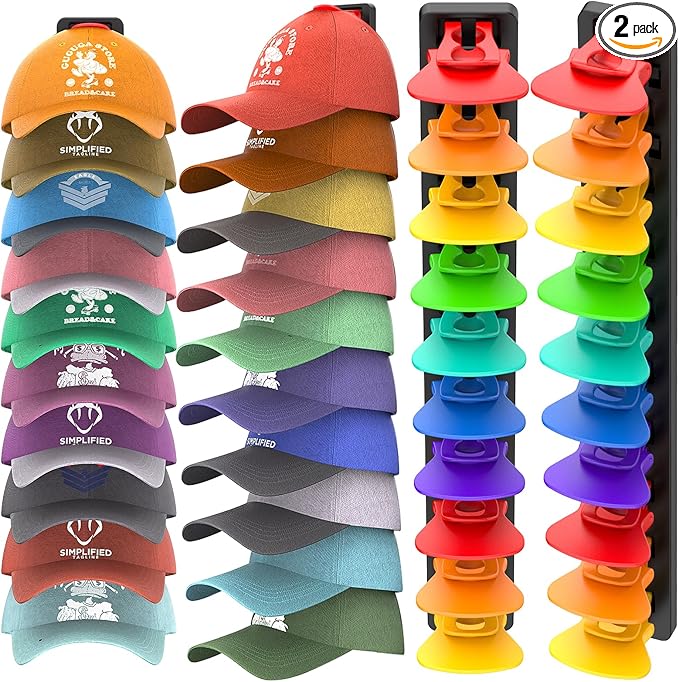 Hat Organizer for Baseball Caps, 2 Pack Hat Rack for Wall, Strong Adhesive Hat Storage Display Holder(Rainbow)