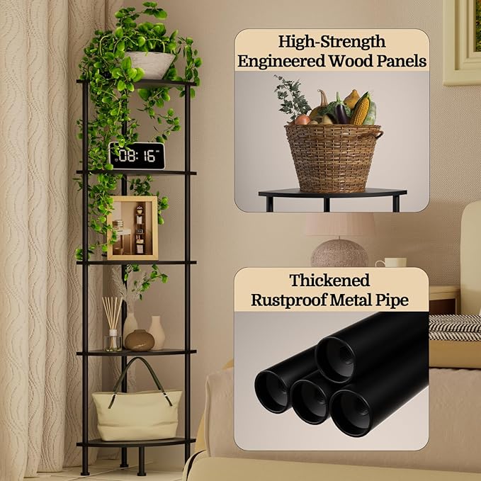 5-Tier Corner Shelf Stand, 52" Industrial Corner Display Rack for Living Room, Bookshelf, Tall Display Shelf, Plant Stand, Storage Standing Shelf for Bedroom, Bathroom, Kitchen, Black