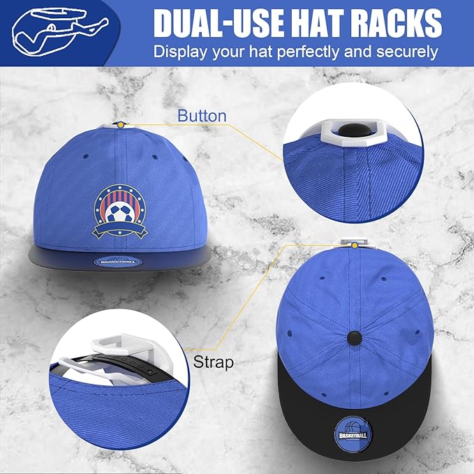 24 Pack Adhesive Hat Hooks for Wall, Strong Hat Rack for Baseball Caps, Hat Organizer Display for Home Decor, Hat Hold Hanger for Wall, Door, Closet, No Drilling - USA Patented (White)