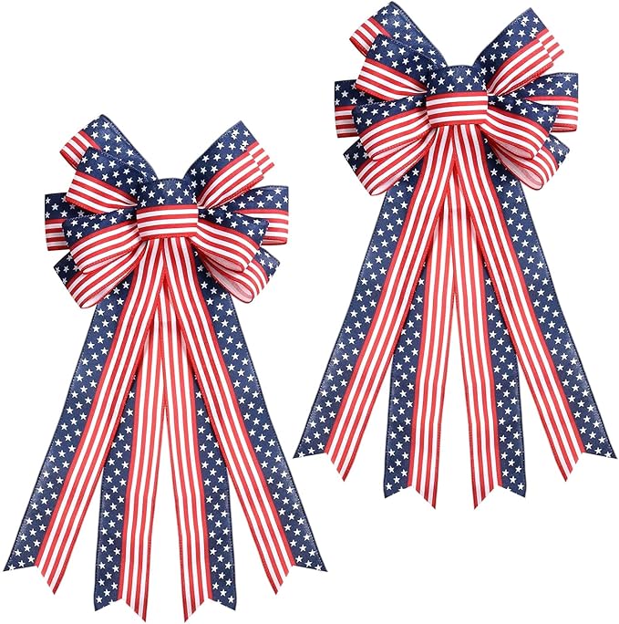 2PCS Large 4th of July Patriotic Bows for Wreath with Red White & Blue Stripe Stars Design for Front Door, Outdoor & Indoor Independence Day Decor