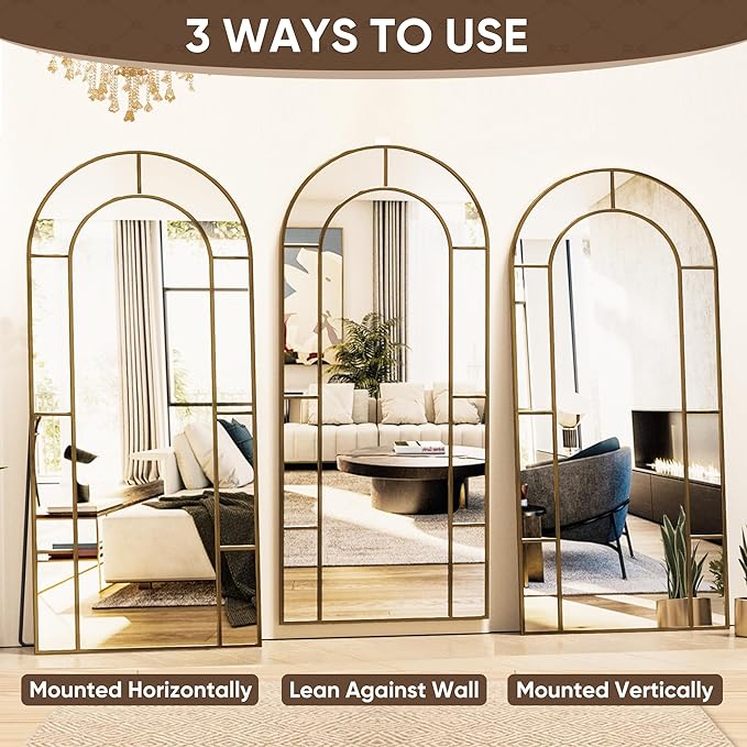 Antok 76" x 34" Full Length Mirror, Floor Mirror Arched Window Decorative Mirror, Metal Framed Decor Farmhouse Floor Mirrors Art Pane Mirrors Wall Decor for Bedroom, Living Room, Entryway Black