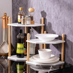 3-Tier Expandable Bamboo Corner Shelf - Dish/Plate Organizer for Cabinet, Kitchen Counter Shelf & Small Kitchen Shelf, Adjustable (11.4" H-White, 2-Tier)
