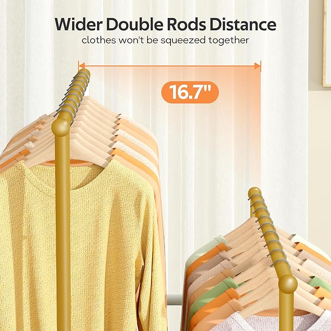 MISSLO Double Rods Garment Rack Heavy Duty Clothing Rack for Hanging Clothes Portable Clothes Organizer for Bedroom, Living Room, Clothing Store (Gold)
