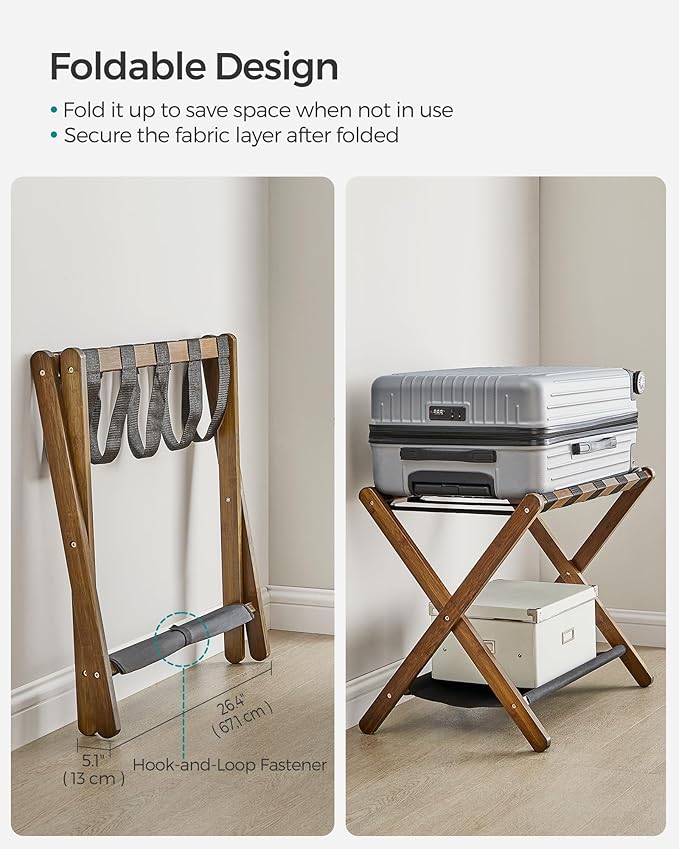 SONGMICS Bamboo Luggage Rack for Guest Room, Set of 2, Folding Suitcase Stand with Fabric Storage Shelf, for Hotel, Bedroom, Heavy-Duty, Holds up to 131 lb, Walnut Brown URLR007D02