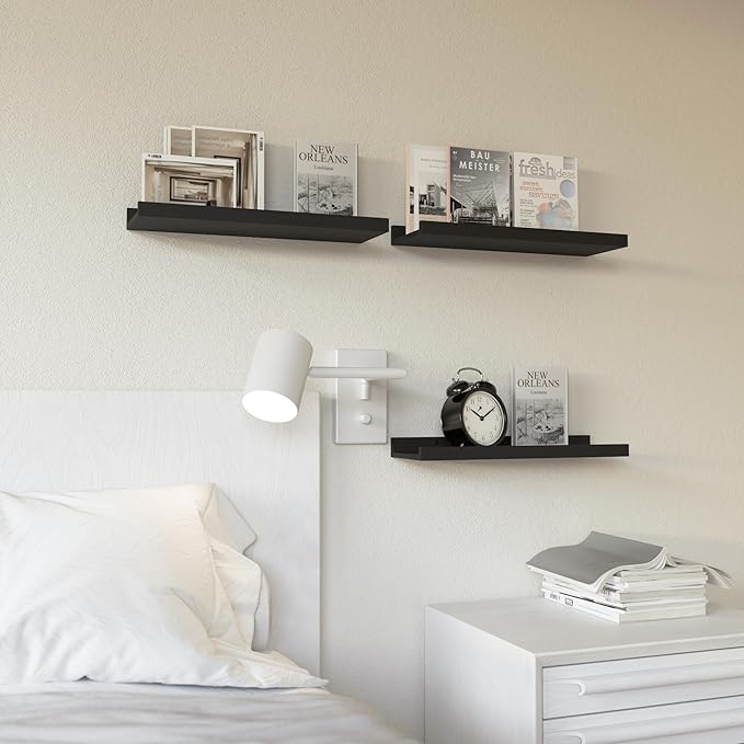RICHER HOUSE 3 Set Floating Shelves for Wall, 16 inches Black Wall Mounted Shelves with Lip for Storage, Display Picture Ledge Shelf for Bedroom Bathroom Kitchen Living Room Decor, Modern Black