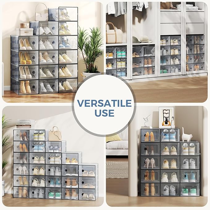 NEWBULIG 15 Pack Clear Shoe Storage Boxes, Shoe Organizer for Closet with Lid, Durable PE Transparent Shoe Containers Ideal for Sneakers, Heels & Boots, Black