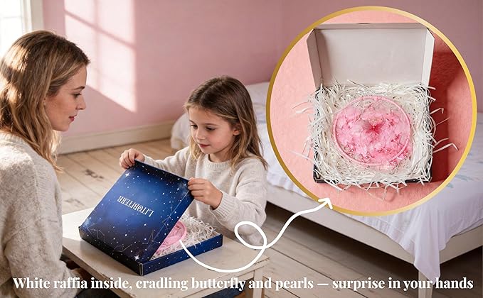 Dream Catcher for Girls – Butterfly Center, Pink & White Mixed Feathers & Clear Beads, Pink Decor for Bedroom, Comes with a Decorative Box & White Raffia