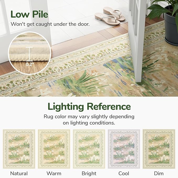 Lessymo Floral 8x10 Area Rugs for Living Room, Soft Non Slip Washable Rugs for Dining Room Bedroom, Low Pile Green Rug, Cottagecore Impressionist-Style Decor Carpet, Beige Sage