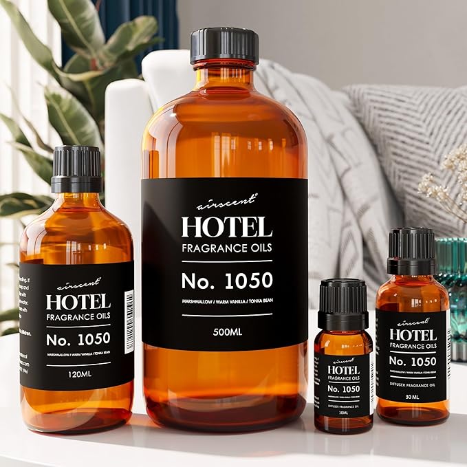 AirScent Warm Vanilla Hotel Diffuser Oil No. 1050 - Marshmallow Vanilla Tonka Bean - Premium Fragrance Oil for Ultrasonic and Waterless Diffusers and Crafting - 500 mL, 16.9 fl oz Glass Bottle