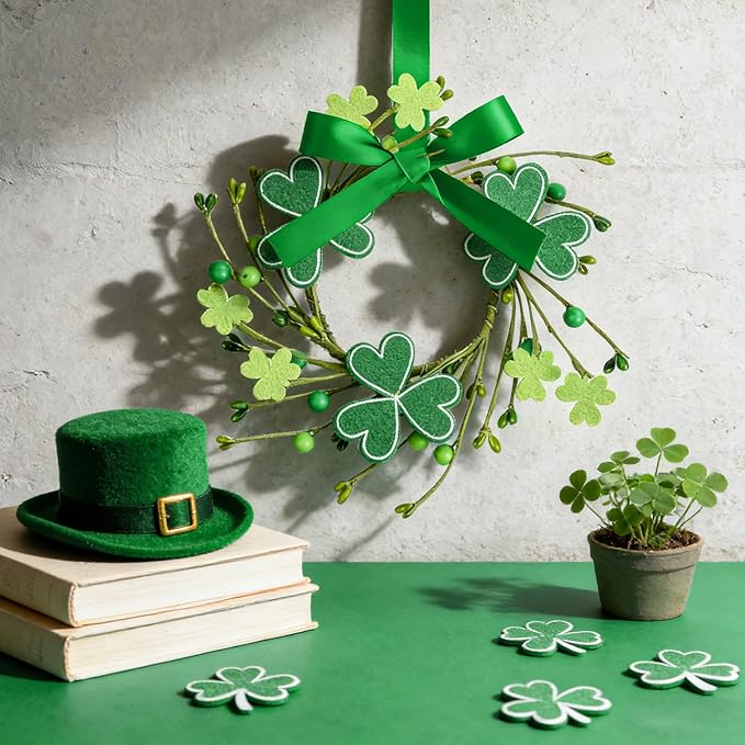 6 PCS Mini St. Patrick's Day Felt Shamrocks Wreath for Front Door St. Patrick's Day Kitchen Cabinet Wreaths Decorations with Ribbon Small Spring Green Irish Clover Berry Wreath for Porch Wall Window