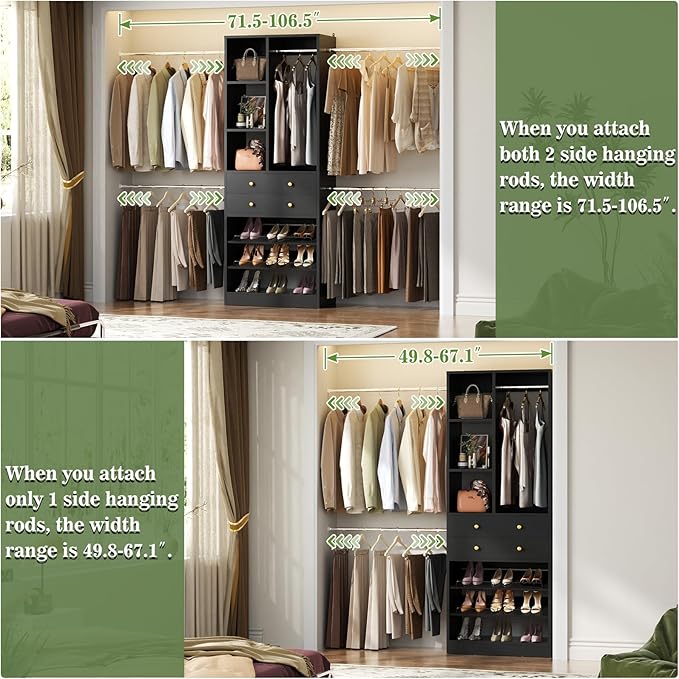 Closet System, 4.2–8.8 FT Closet Organizer with 2 Wooden Drawers and Shelves, Walk-in Closet System with 5 Hang Rods, Built-in Closet Tower, Can Fit 60 to 96 inch, Black