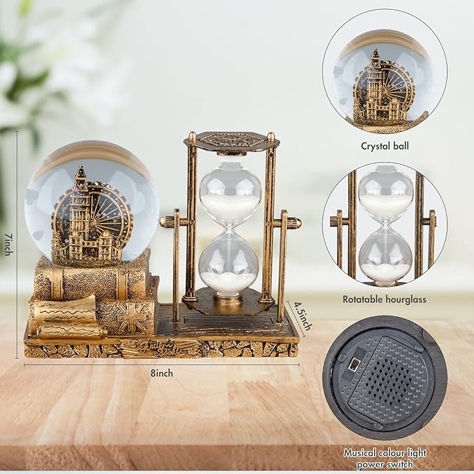 LED MusicCrystal Snow Globe， Sand Timer ，Hourglass,Home Decor,Table Decor for Living Room ，Office Desk Decorations[Brass Ferris Wheel]
