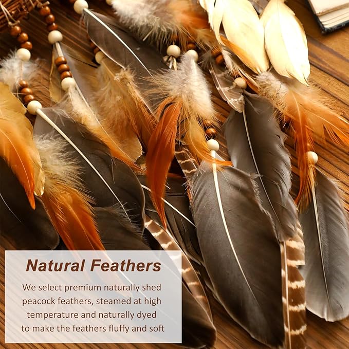 Dream Catcher Native American Boho Dreamcatcher Rattan Wall Decor, Handmade Natural Goose Feathers Large Dream Catchers Hanging Ornament Indian Decor for Bedroom Living Room (Dark Brown Mix)