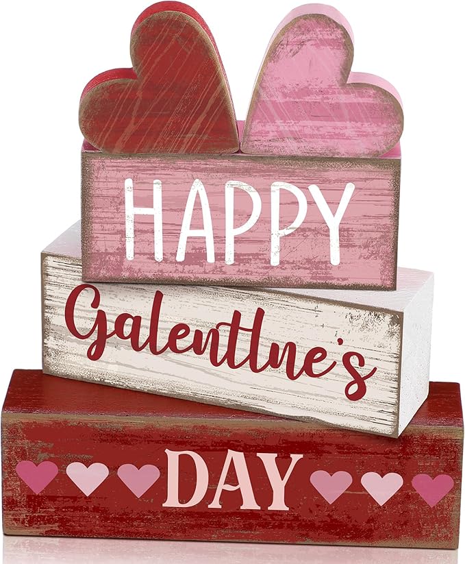 Yuntau 5 Pcs Happy Galentines Day Decorations Wooden Hearts Table Centerpiece Happy Galentines Day Party Table Sign for Valentines Tiered Tray Desk Mantle Shelf Decor