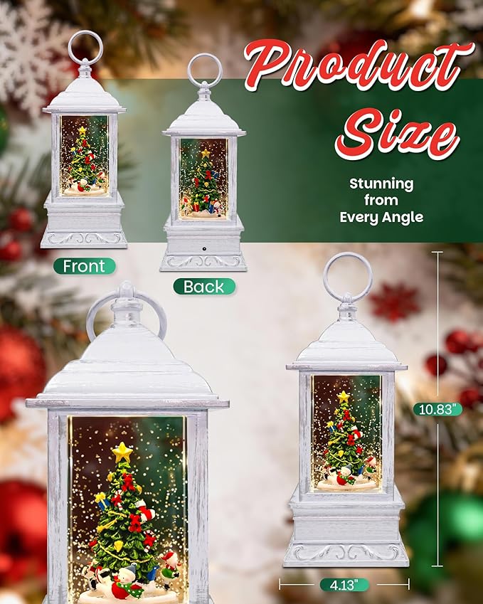 Christmas Tree Snow Globe Light up Lantern with 8 Songs, 10.8" White Rotating Electric Christmas Snow Globes for Kids Adults, 6H Timer & Dual Power, Snowglobes Christmas Decorations Indoor Gifts