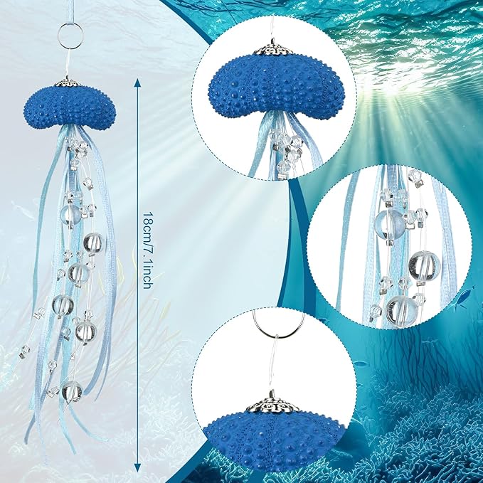 3 Pcs Sea Urchin Jellyfish Christmas Ornament Coastal Beaded Beach Theme Holiday Decor Ocean Inspired Hanging Jellyfish Decoration with Crystal and Ribbon (Dark Blue)
