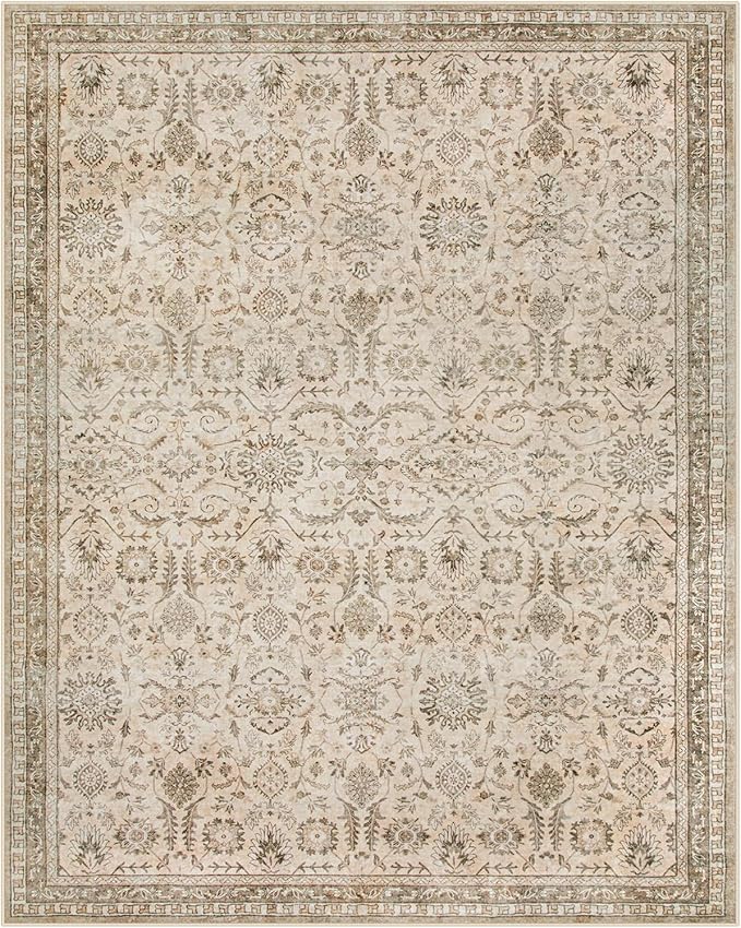 Lahome Boho Beige Fall Area Rug 8x10, Traditional Tan Floral Area Rugs for Bedroom, Machine Washable Living Room Mats, Soft Non-Slip Room Carpet for Office Apartment Nursery Decor, Soft Amber