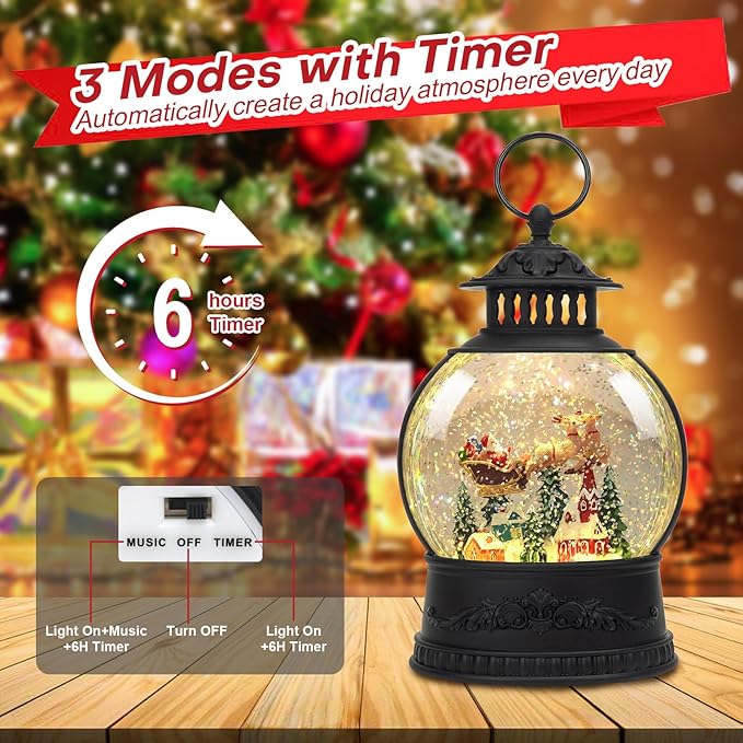 Christmas Snow Globe Water Lantern with Timer and Music, USB and Battery Operated Lighted Led Globe, Santa Snowglobe Table Decorations Indoor for Adults Home Holiday (Reindeer)