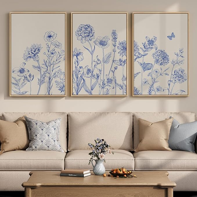 Framed Neutral Chinoiserie Blue Botanical Wall Art, 3 Piece Minimalist Floral Canvas Artwork for Modern Farmhouse, Flower Painting Prints for Living Room Bedroom Kitchen Office Dining Room, 20x30 In