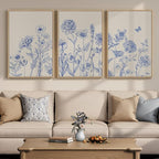 Framed Neutral Chinoiserie Blue Botanical Wall Art, 3 Piece Minimalist Floral Canvas Artwork for Modern Farmhouse, Flower Painting Prints for Living Room Bedroom Kitchen Office Dining Room, 20x30 In