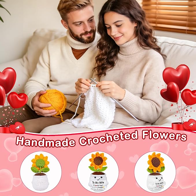 Gifts for Wife Her from Husband, To My Wife Handmade Crochet Mini Sunflower Doll, Valentines Anniversary Wedding Birthday Romantic Gifts for Women Her, Mothers Day I Love You Cute Sweet Gift for Wifey