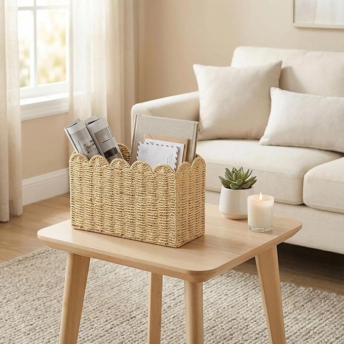 Paper Rope Magazine Holder for Floor with Scalloped Edge, Tall Narrow Wicker Magazine Basket – Book Basket, File Holder & Mail Basket for Living Room, Office & Bedroom