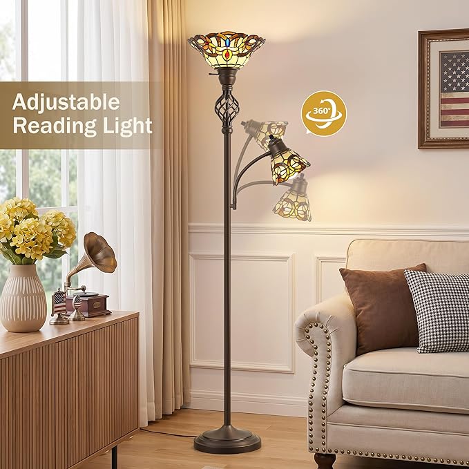 GyroVu Tiffany Floor Lamp, Torchiere Floor Lamps with Stained Glass Shade, 70" Tall Standing Lamp with Adjustable Gooseneck Reading Lamp for Living Room Bedroom Office, Bulbs Included
