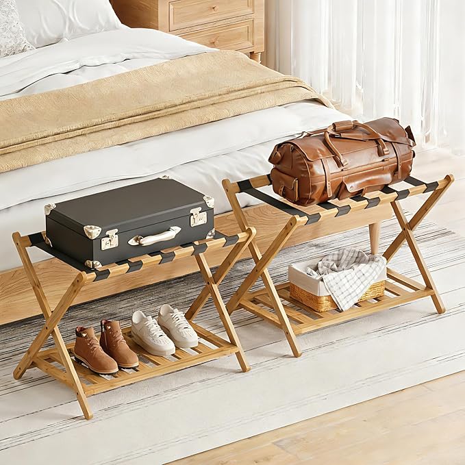 Full Assembled Luggage Rack Set of 2, Bamboo Luggage Holder Rack for Guest Room, 26.77" L Folding Suitcase Stand with 5 Nylon Straps & Storage Shelf for Bedroom Hotel (2 Pack - Natural)