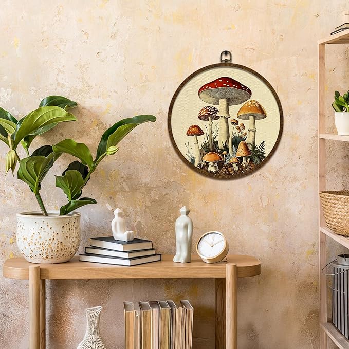 KLYTINK Vintage Fantasy Mushroom Wall Art, Round Canvas Wall Hanging Decor, Fantasy Forest Botanical Illustration, for Living Room,Bedroom,office 10x10 Inch(MG03)