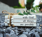 3 Pieces Wooden Decorative White Books, Rustic Farmhouse Faux Books for Coffee Table Shelves with Wood Bead Tassels and Leaves, 7'x 4.6'x 2.5' (with God, All Thigs, are Possible)