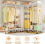 Ulif F4R Heavy Duty Clothes Rack（With Lockable Wheels ） Rolling Clothing Racks for Hanging Clothes，Adjustable Closet Organizer System，Portable Garment Rack 45"W x 15.8"D x 73.5"H，Max Load 650LBS，White
