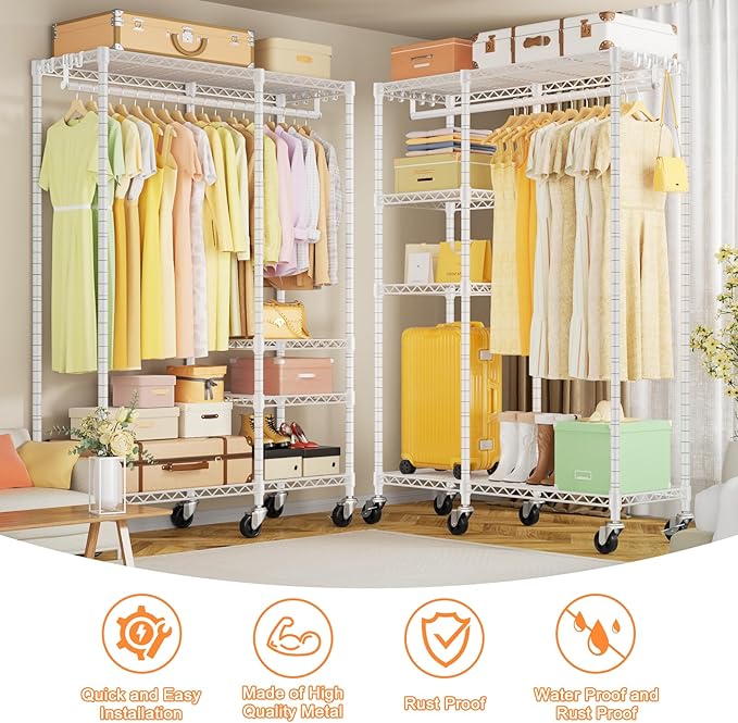 Ulif F4R Heavy Duty Clothes Rack（With Lockable Wheels ） Rolling Clothing Racks for Hanging Clothes，Adjustable Closet Organizer System，Portable Garment Rack 45"W x 15.8"D x 73.5"H，Max Load 650LBS，White