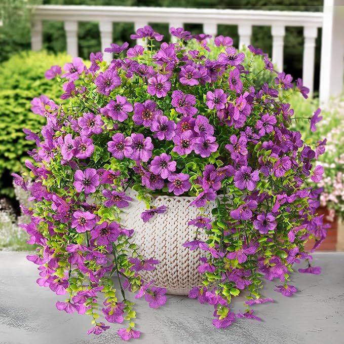 Artificial Hanging Flowers for Outdoors Spring Decoration, 2PCS Silk Fake Daisy Realistic Outdoor Flowers UV Resistant Porch Patio Window Yard Decor(Purple)