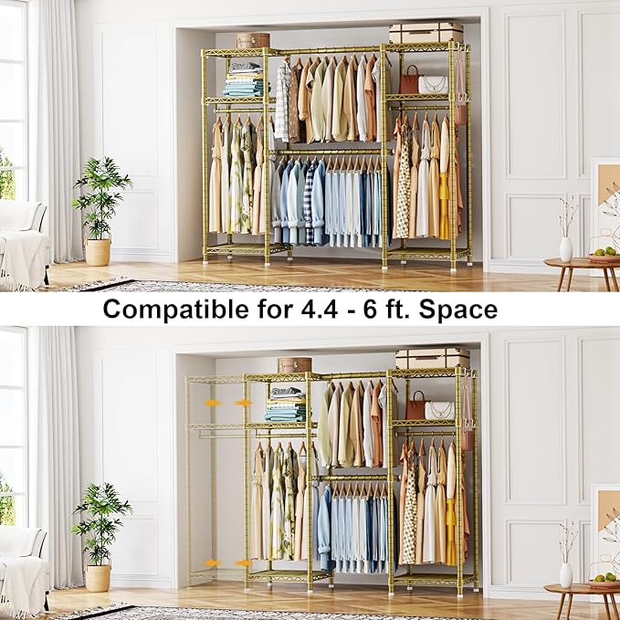 Ulif E7 Garment Rack, Heavy Duty Clothes Storage System with Extendable Hangers Rods, Metal Clothing Rack with 6 Wire Shelves, (52.3"-72") W x 14.5" D x 71.2" H, Load 838lbs, Gold