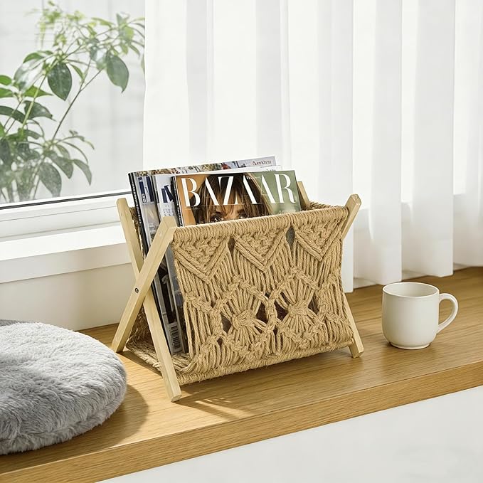 Boho Macrame Magazine Holder,Hand-Woven Magazine Rack for Home Office Desktop, Storage Basket for Letters, Magazines, Books and Newspapers (Brown)