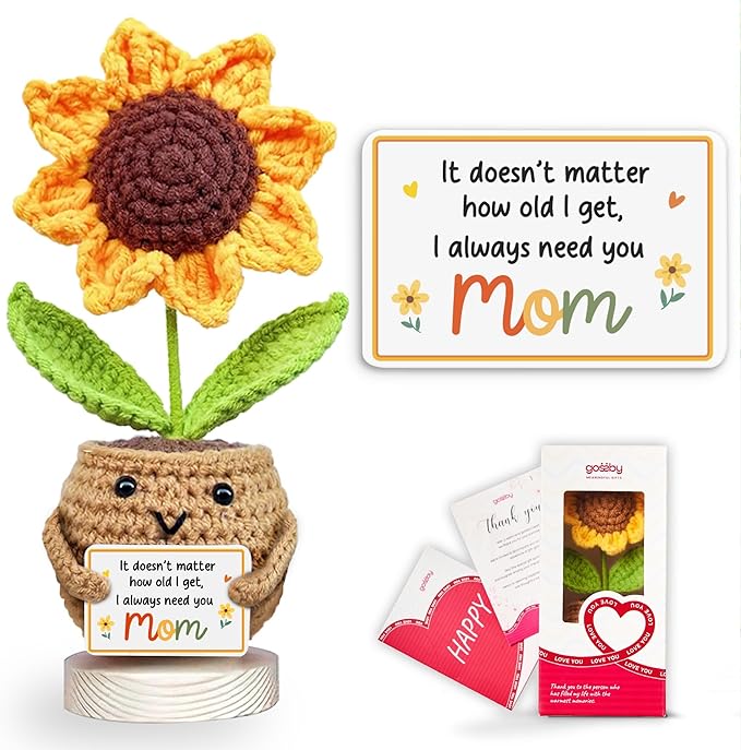 Gossby Gift for Mom from Daughter, Son, Kids - Sunflower Crochet with Card - I Always Need You MOM - Mothers Day, Christmas, Birthday Gift - Emotional Support Plush for Mama
