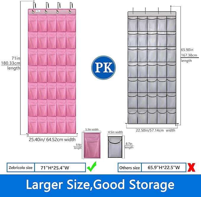 over the door shoe organizer,2025 upgraded,35 Huge pockets,over door shoe organizer,Store size 13 shoes,shoe organizer,Strong material,hooks Suitable for various doors,pink shoe rack
