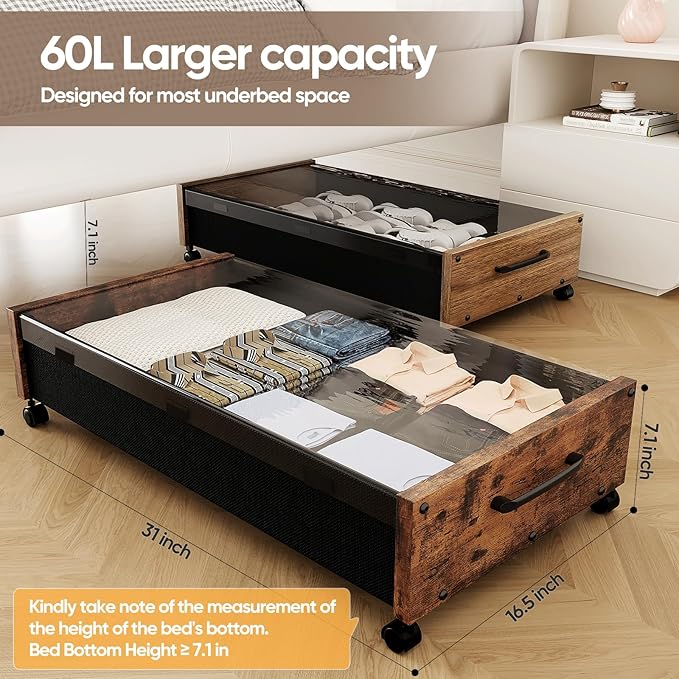 Under Bed Storage with Wheels, Rolling Underbed Storage Drawers, Wooden Under the Bed Storage with Remove Lid, Large Metal Storage Bins for Shoes Blankets Clothes Bedrooms Dorms (Vintage Brown-2pack)