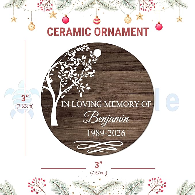 HYTURTLE Personalized Memorial Sympathy Christmas Ornament Tree Decor Gifts for Family Loss of Loved One Mom Dad Husband in Heaven - in Loving Memory Keepsake Custom Name Circle Ornament