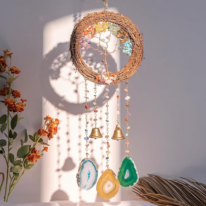 Handmade Natural Rattan Dream Catcher with Gemstones, Wind Chimes & 6-Color Life Tree–Boho Wall Hanging Decor for Home, Bedroom, Garden–Unique Gift for Housewarming, Birthday, Christmas