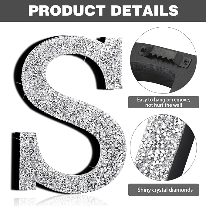 Qunclay 5.7" Silver Crystal Diamond Bling Letters Crushed Diamond Decoration Wooden Glitter Letter with Screw and Hooks Rhinestone Gift for Wedding Y2k Mcbling Bedroom Wall Decor (Letter S)